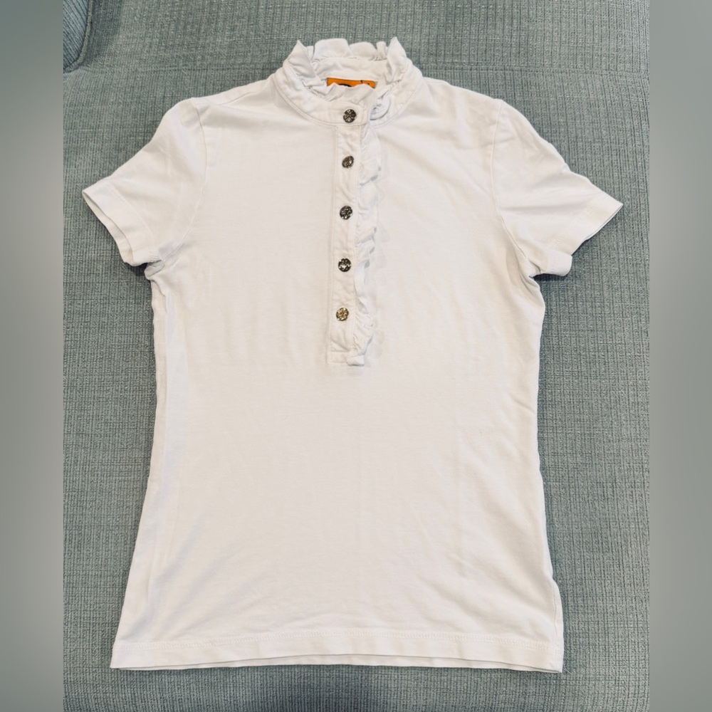 Tory Burch White Ruffle Collar Button-Down Tee